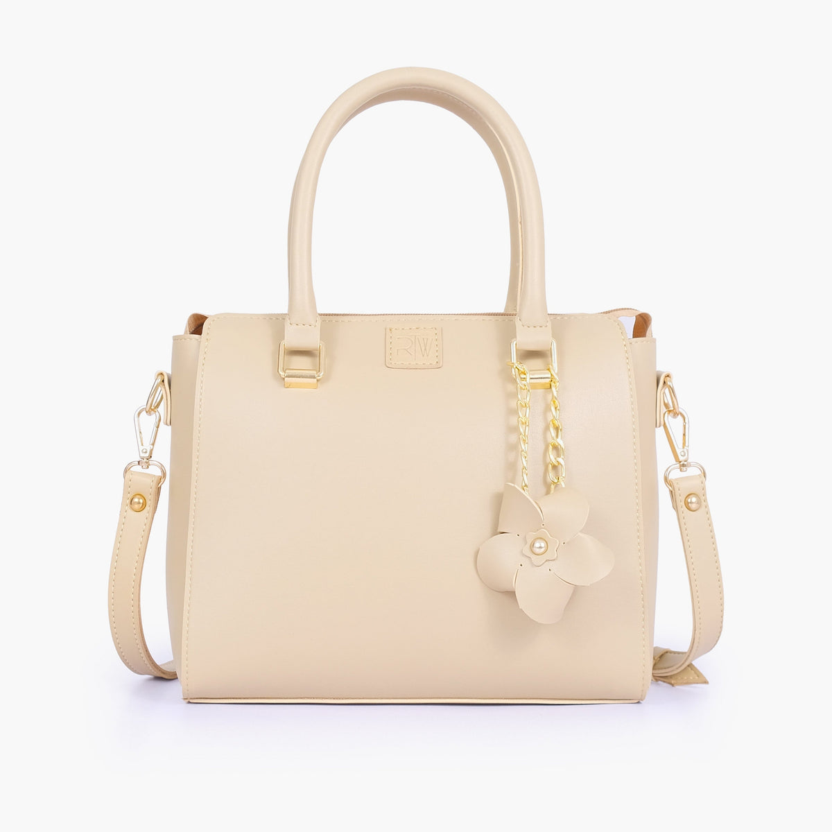 Off-white handbag with flower charm