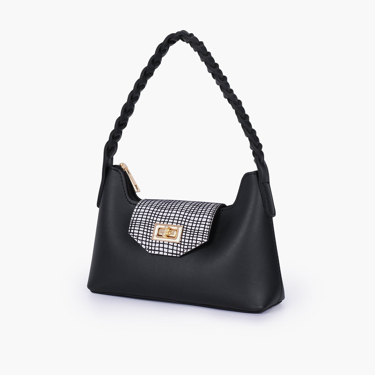 Black and white purse with braided strap