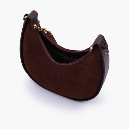 Dark brown suede crescent hobo bag