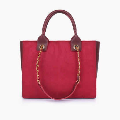 Burgundy suede chain handle tote