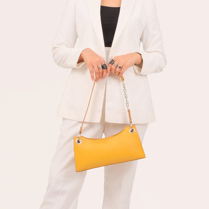 Yellow elongated chain handle purse