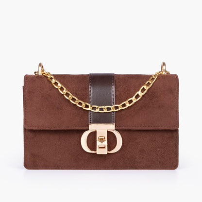 Dark brown suede east-west shoulder bag with half chain