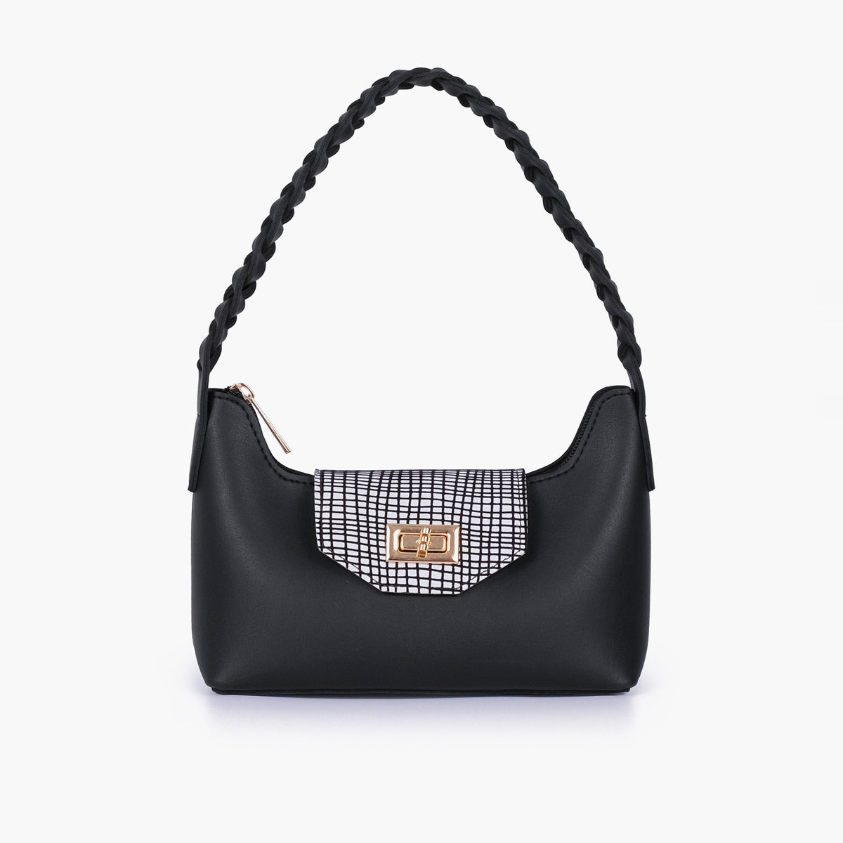 Black and white purse with braided strap