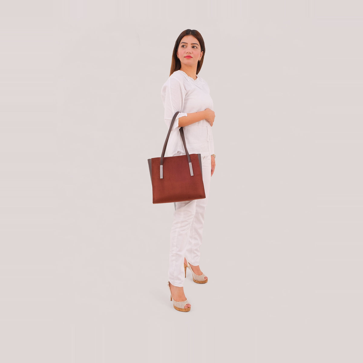 Dark brown suede zipper shoulder bag with long handle
